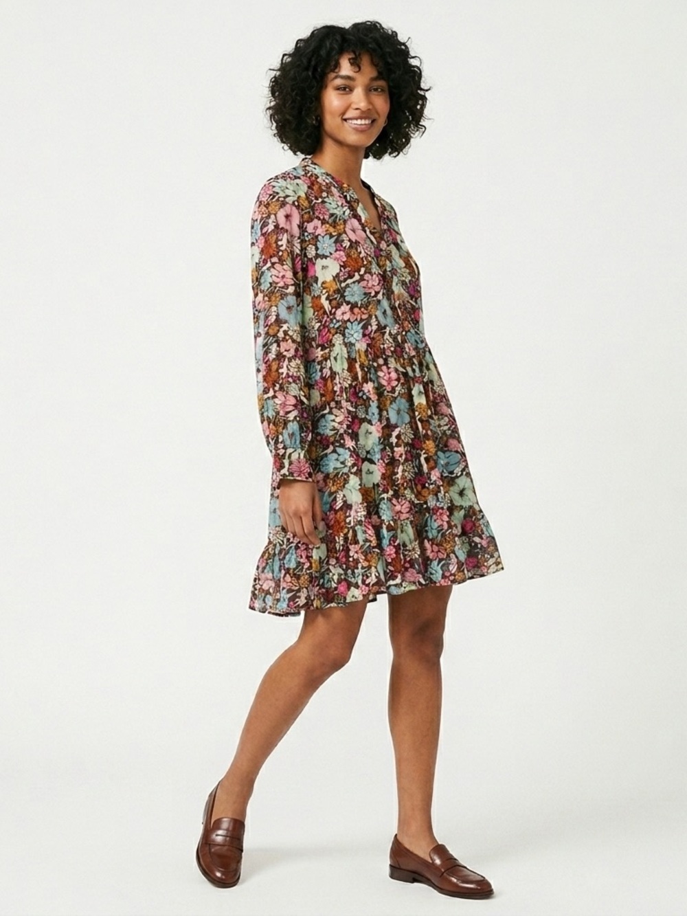 FRNCH Multi Floral Long Sleeve Tiered Mini Dress - Pink Blue Brown